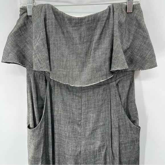 MILLY Black Denim Chambray Ruffle Popover Strapless Open Leg Pant Jumpsuit 6 - Picture 3 of 13